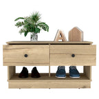 Storage Bench, Lower Shelf, Two Drawers, Light Oak Finish
