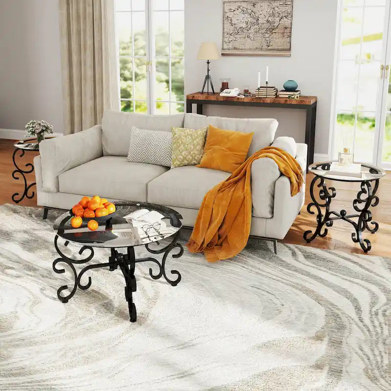 3 Piece Tempered Glass Surface Coffee Table Set, Coffee Table Round End Side Table with Sturdy Construction for Living Room
