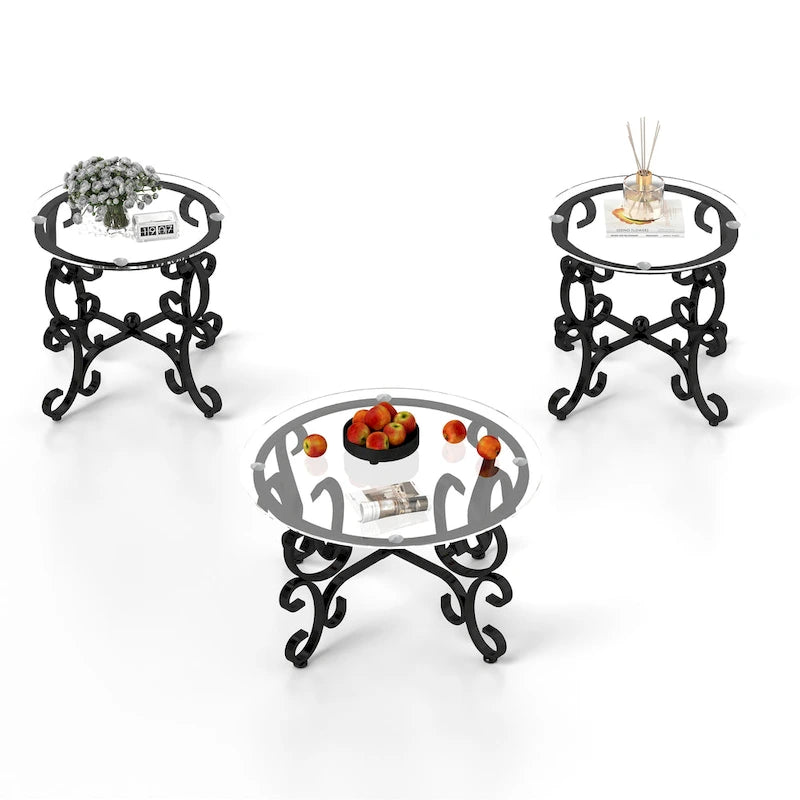 3 Piece Tempered Glass Surface Coffee Table Set, Coffee Table Round End Side Table with Sturdy Construction for Living Room