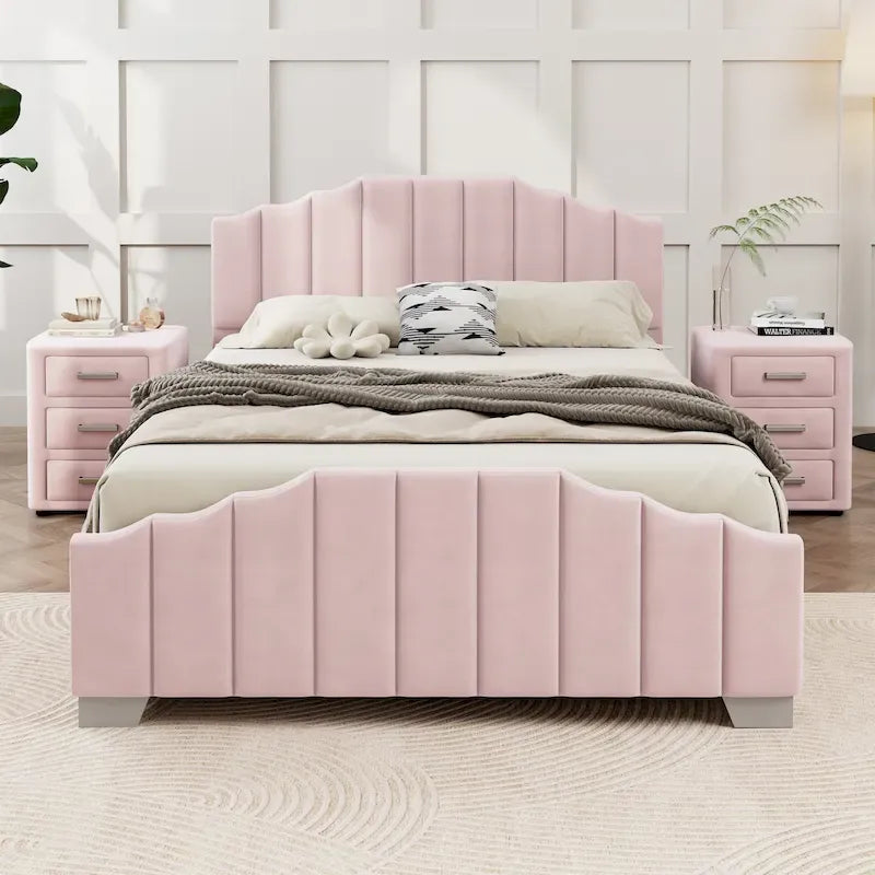 Modern King Size Bedroom Set, with Upholstered Platform Headboard and 2 3-Drawer Nightstands, No Box Spring Needed