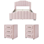 Modern King Size Bedroom Set, with Upholstered Platform Headboard and 2 3-Drawer Nightstands, No Box Spring Needed