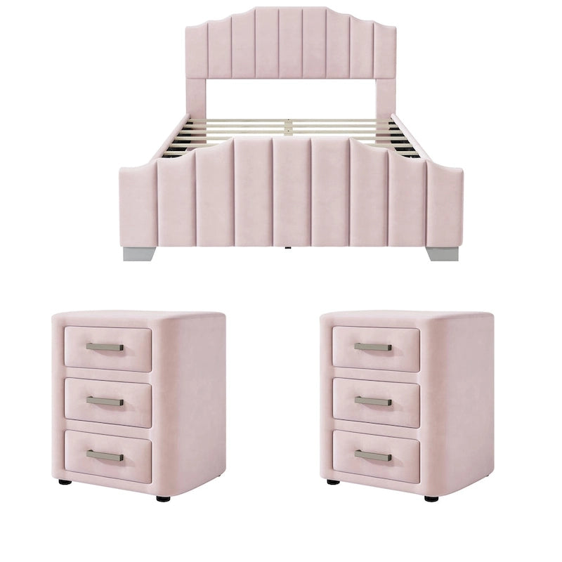 Modern King Size Bedroom Set, with Upholstered Platform Headboard and 2 3-Drawer Nightstands, No Box Spring Needed