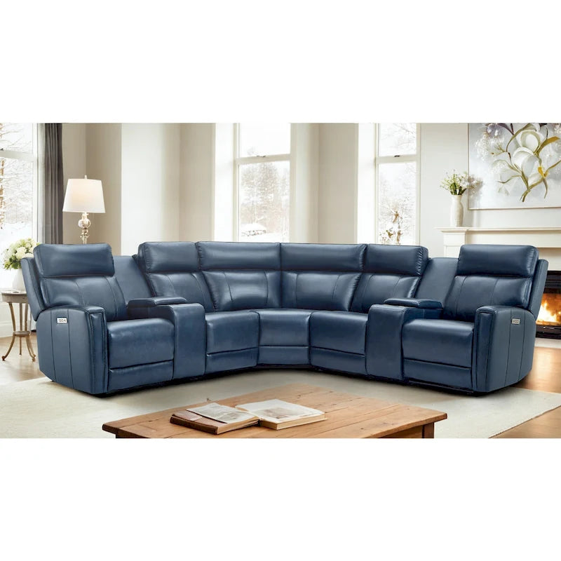Genuine Leather Power Recliner Sectional Sofa with Ajustable Headrest, USB&USB-C Port