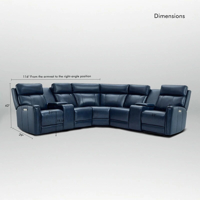Genuine Leather Power Recliner Sectional Sofa with Ajustable Headrest, USB&USB-C Port