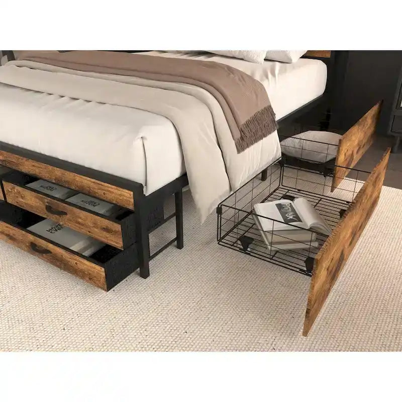 Full Size Storage Bed with LED Lights, Charging Station & 8 Drawers