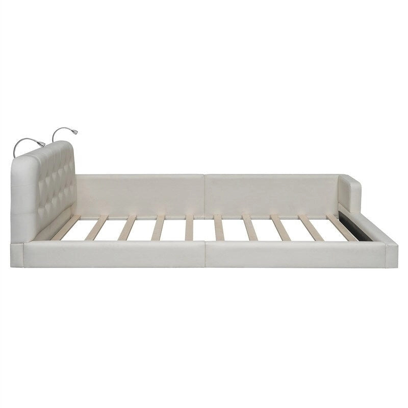 Upholstered Platform Bed with 2 Bulit-in Reading Lights, Queen Size PU Bed Frame Floor Bed with Button Tufted Design Headboard