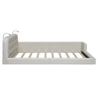 Upholstered Platform Bed with 2 Bulit-in Reading Lights, Queen Size PU Bed Frame Floor Bed with Button Tufted Design Headboard