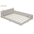 Upholstered Platform Bed with 2 Bulit-in Reading Lights, Queen Size PU Bed Frame Floor Bed with Button Tufted Design Headboard