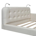 Upholstered Platform Bed with 2 Bulit-in Reading Lights, Queen Size PU Bed Frame Floor Bed with Button Tufted Design Headboard