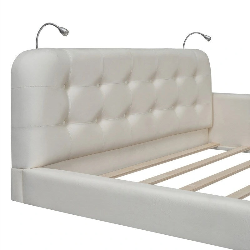 Upholstered Platform Bed with 2 Bulit-in Reading Lights, Queen Size PU Bed Frame Floor Bed with Button Tufted Design Headboard