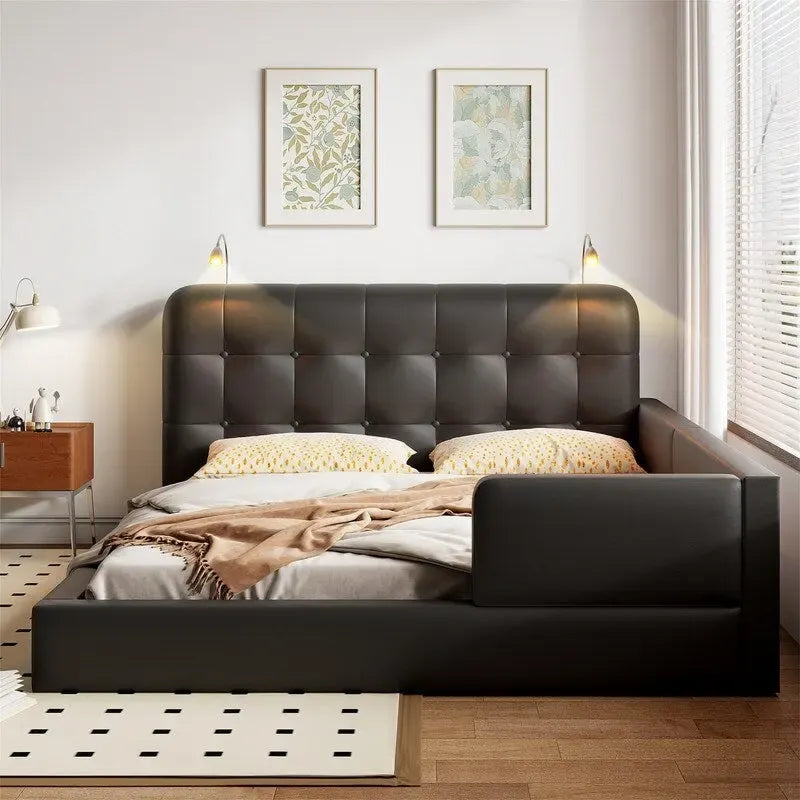 Upholstered Platform Bed with 2 Bulit-in Reading Lights, Queen Size PU Bed Frame Floor Bed with Button Tufted Design Headboard
