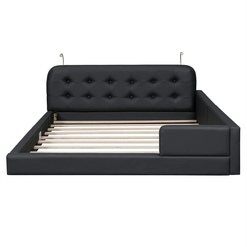 Upholstered Platform Bed with 2 Bulit-in Reading Lights, Queen Size PU Bed Frame Floor Bed with Button Tufted Design Headboard