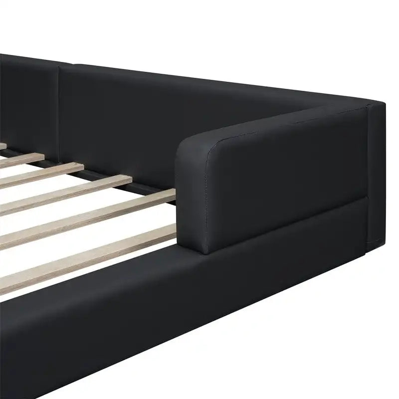 Upholstered Platform Bed with 2 Bulit-in Reading Lights, Queen Size PU Bed Frame Floor Bed with Button Tufted Design Headboard