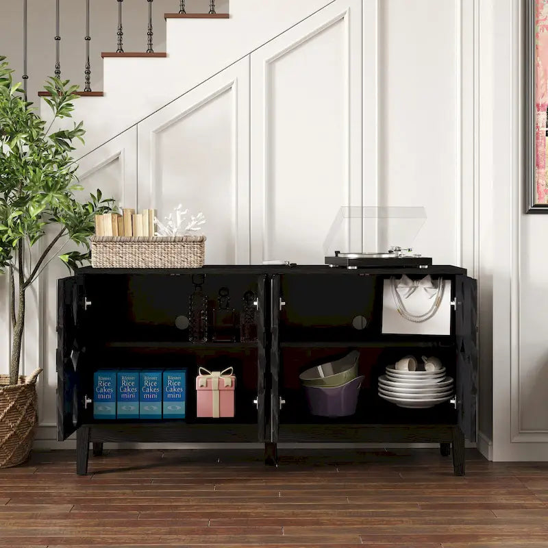 Hollow-Carved Accent Cabinet Sideboard Buffet Cabinet, 60.5 Entrance Storage Cabinet Media Console Table with 4 Doors