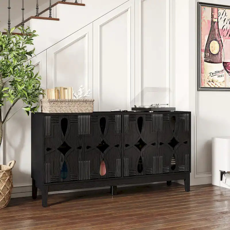Hollow-Carved Accent Cabinet Sideboard Buffet Cabinet, 60.5 Entrance Storage Cabinet Media Console Table with 4 Doors