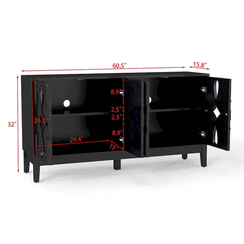 Hollow-Carved Accent Cabinet Sideboard Buffet Cabinet, 60.5 Entrance Storage Cabinet Media Console Table with 4 Doors