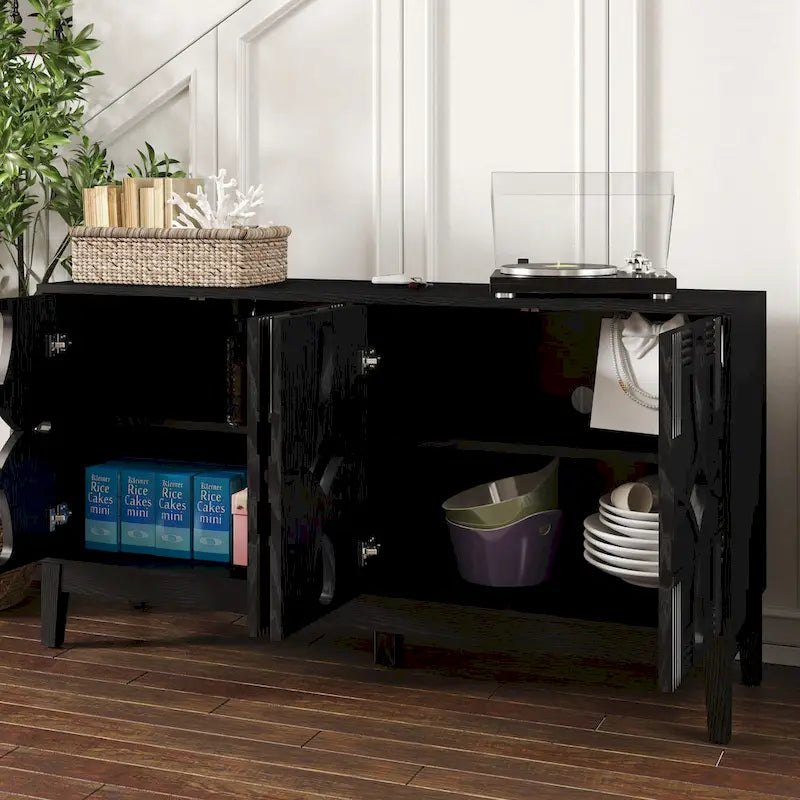 Hollow-Carved Accent Cabinet Sideboard Buffet Cabinet, 60.5 Entrance Storage Cabinet Media Console Table with 4 Doors