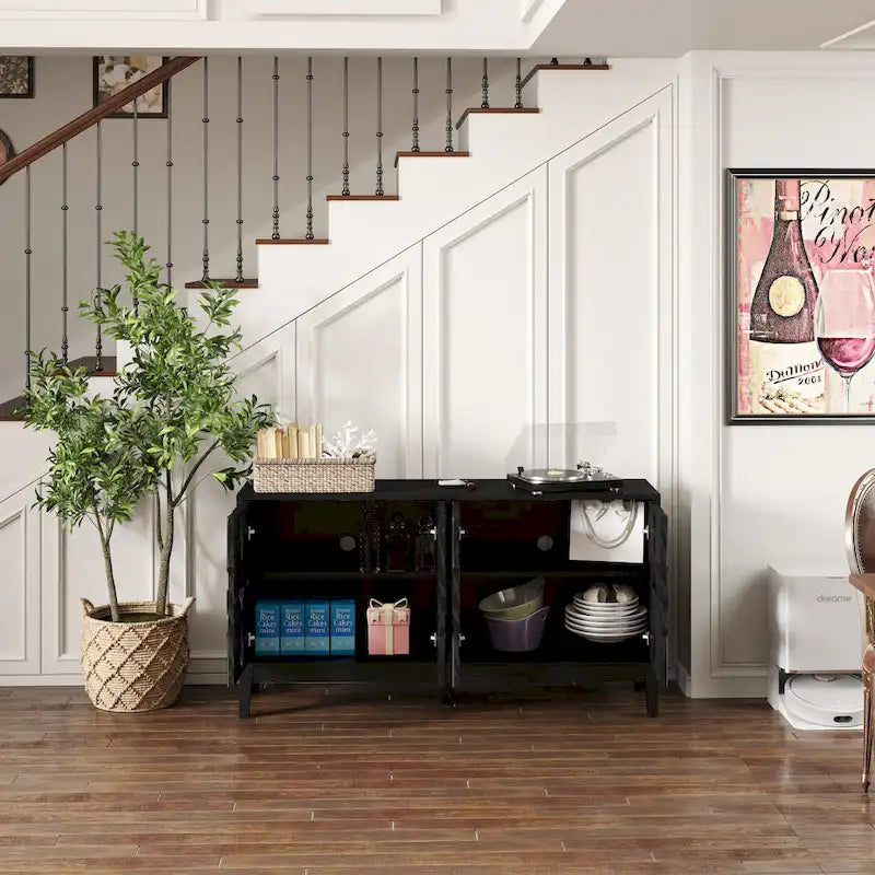 Hollow-Carved Accent Cabinet Sideboard Buffet Cabinet, 60.5 Entrance Storage Cabinet Media Console Table with 4 Doors