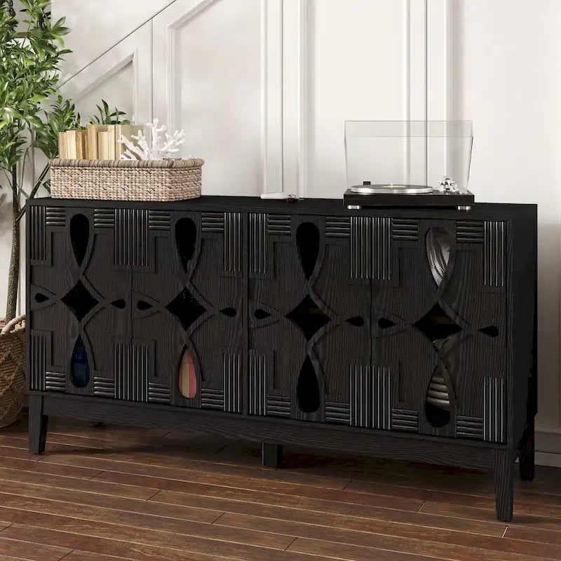 Hollow-Carved Accent Cabinet Sideboard Buffet Cabinet, 60.5 Entrance Storage Cabinet Media Console Table with 4 Doors