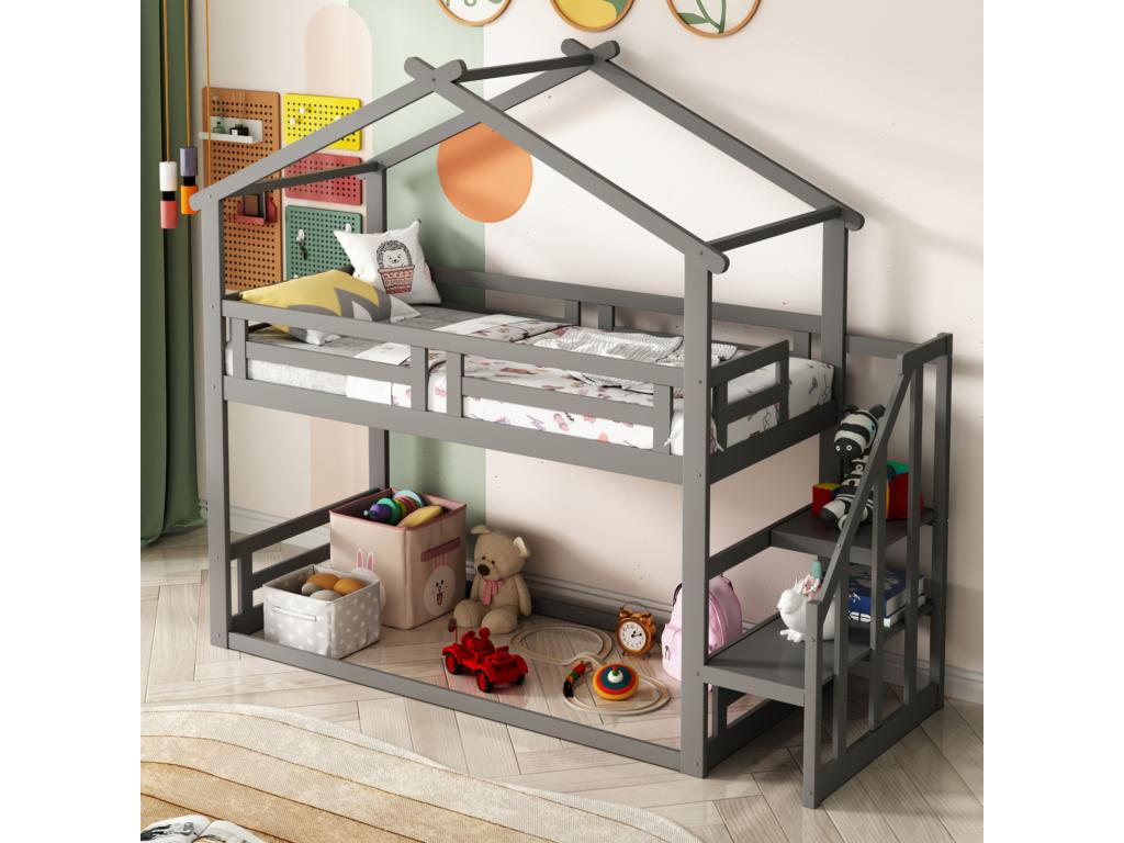 Gray Solid Wood Bunk Bed Frame, 90 x 200 cm