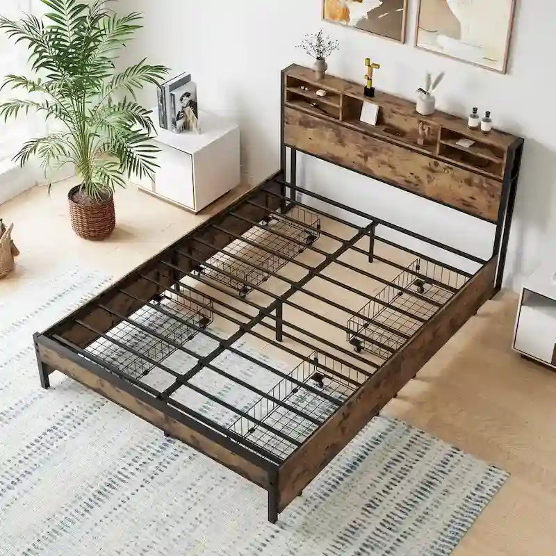 Queen Size Panel Bed with Storage Headboard Drawers