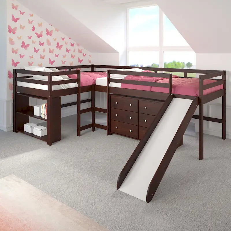 Double Twin L-Shaped Slide Loft Bedroom Set in Dark Cappuccino