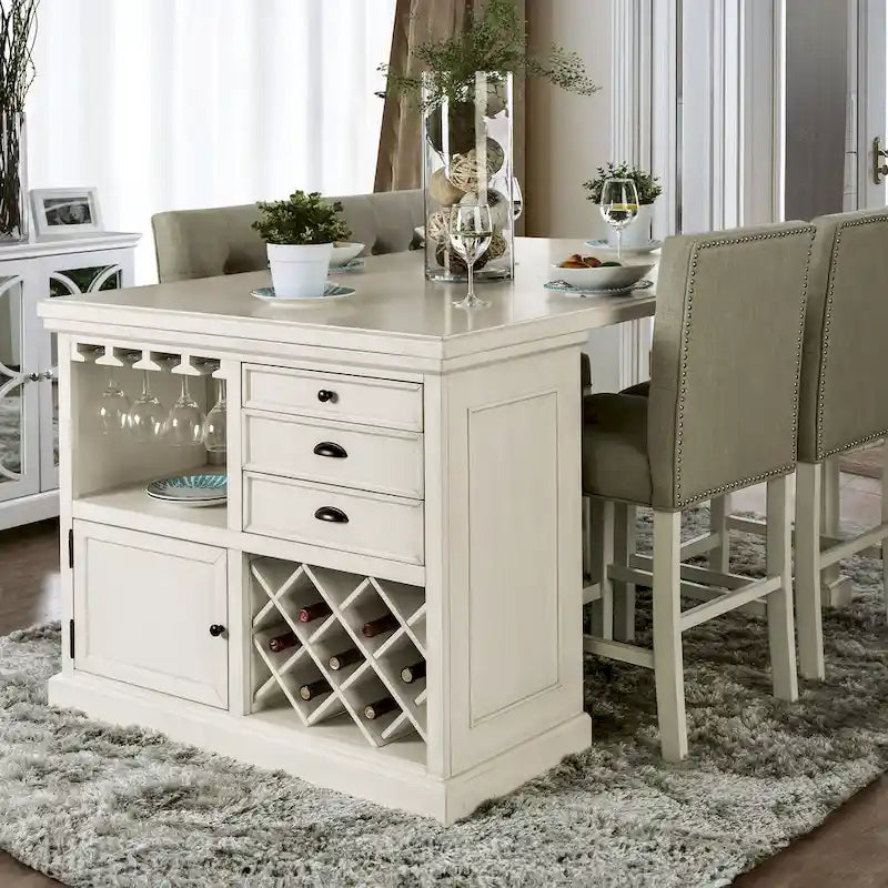 Tia Transitional Antique White Wood Multi-Storage 3-Piece Kitchen Island Set by Furniture of America