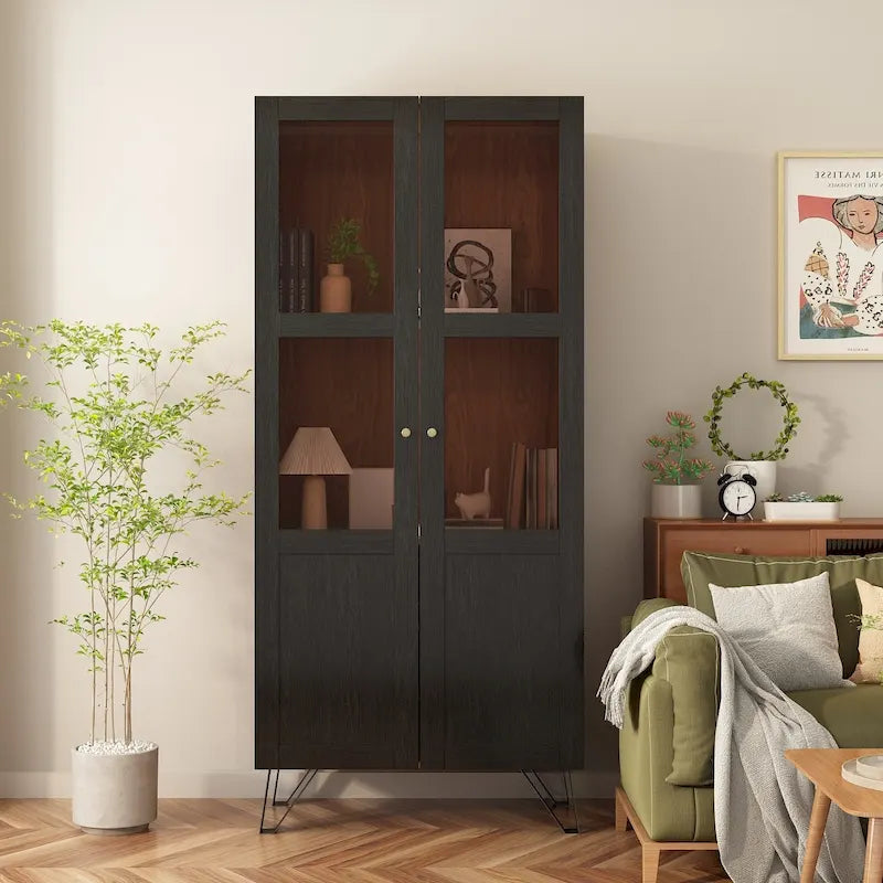 Buffet Sideborad Acrylic Glass Door Accent Wood Metal Storage Cabinet