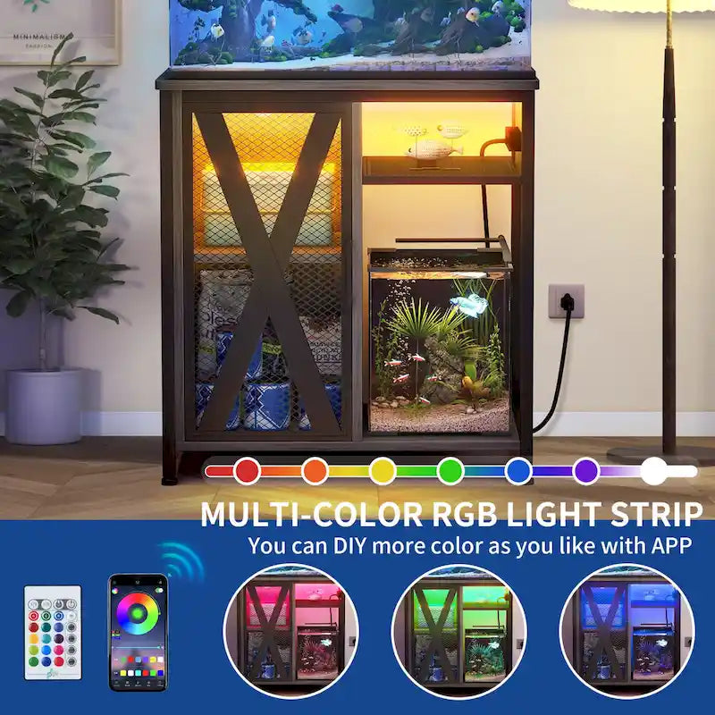 Moasis Aquarium Stand with Power Outlets and 7 Color RGB Light,Fish Tank Stand with Storage Cabinet