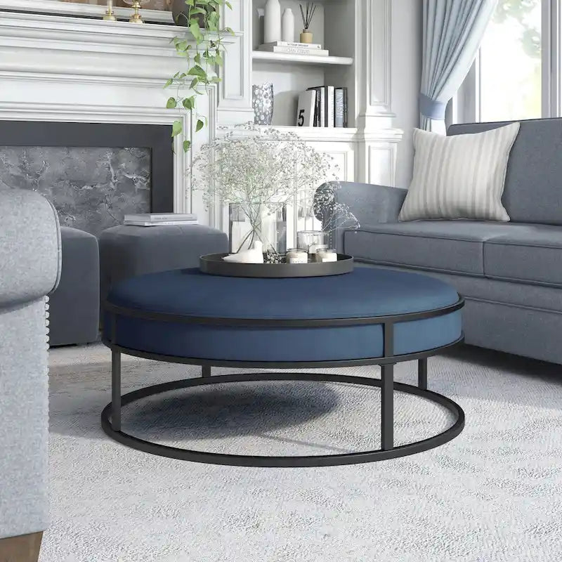 Chista Contemporary Round Fabric Ottoman with Cushion by Furniture of America