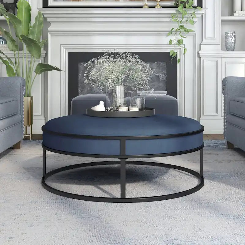 Chista Contemporary Round Fabric Ottoman with Cushion by Furniture of America