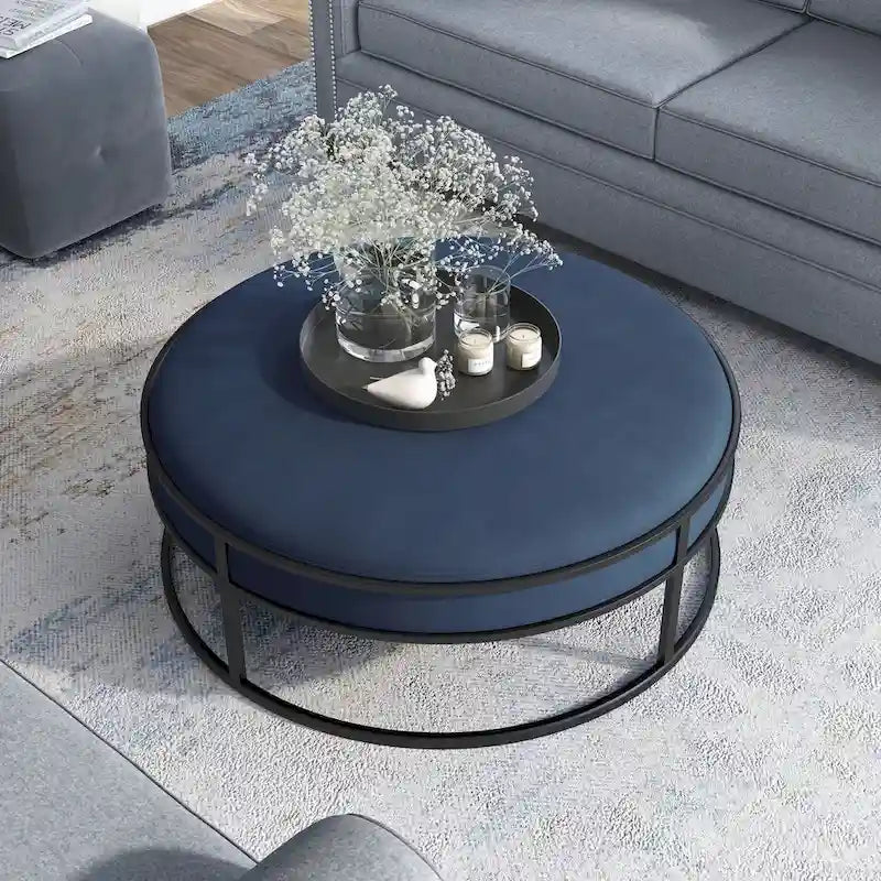 Chista Contemporary Round Fabric Ottoman with Cushion by Furniture of America