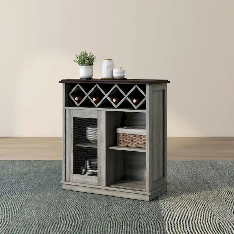 DH BASIC Farmhouse Four Shelf and Four Bottle Lattice-like Wine Buffet by Denhour