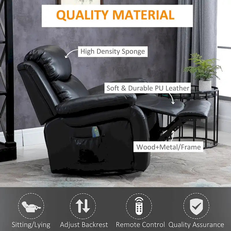 HOMCOM PU Leather Massage Recliner Chair, Swivel Rocker Sofa with Remote Control, Footrest, Padded Seat for Living Room