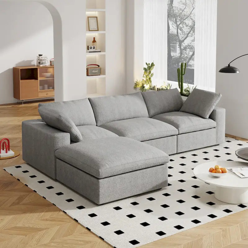 120 L-shaped Modern Sectional Sofa Linen Modular Sofa Couch with Storage Ottoman