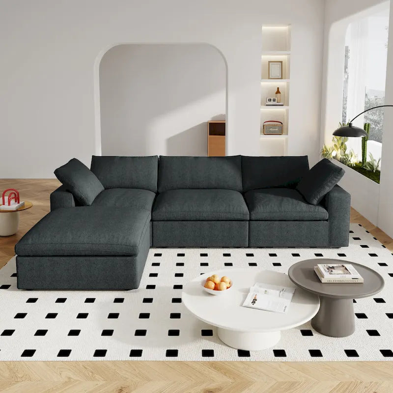 120 L-shaped Modern Sectional Sofa Linen Modular Sofa Couch with Storage Ottoman