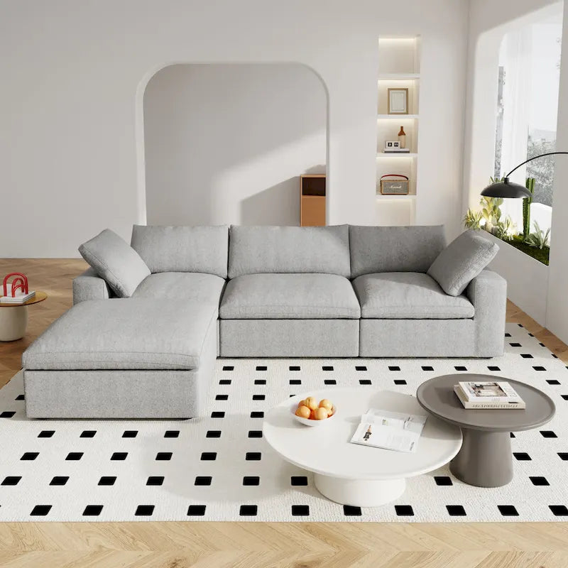 120 L-shaped Modern Sectional Sofa Linen Modular Sofa Couch with Storage Ottoman