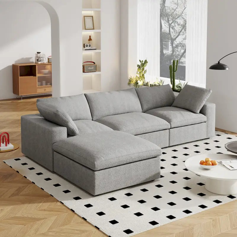 120 L-shaped Modern Sectional Sofa Linen Modular Sofa Couch with Storage Ottoman