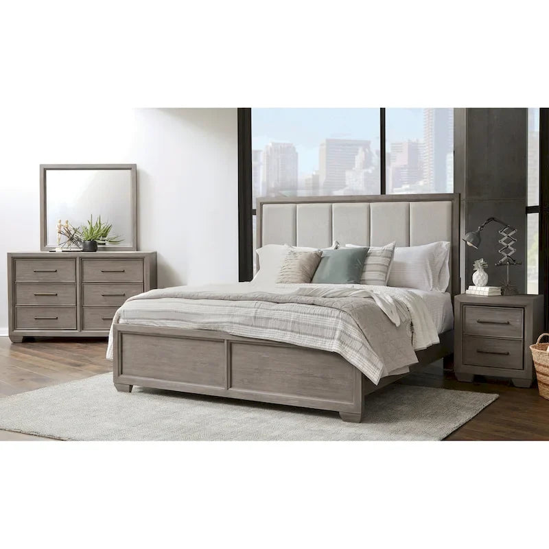 Roundhill Furniture Ennesley Gray Wood Bedroom Set with Upholstered Panel Bed, Dresser, Mirror, and Nightstand