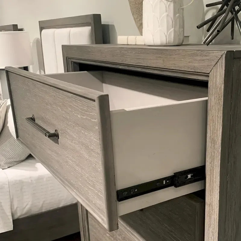 Roundhill Furniture Ennesley Gray Wood Bedroom Set with Upholstered Panel Bed, Dresser, Mirror, and Nightstand