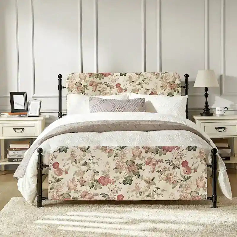 Diana Transitional 62 Floral Upholstered Platform Metal Bed Frame with Washable Slipcover by HULALA HOME