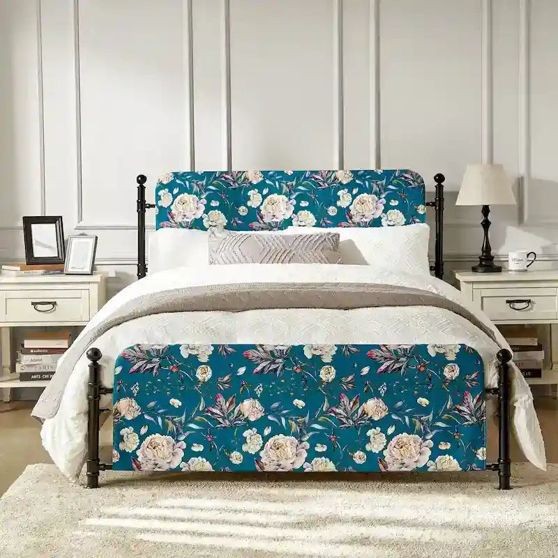 Diana Transitional 62 Floral Upholstered Platform Metal Bed Frame with Washable Slipcover by HULALA HOME