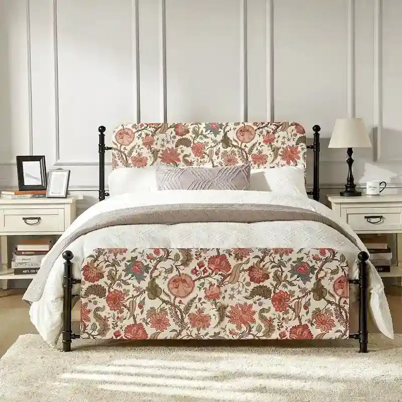 Diana Transitional 62 Floral Upholstered Platform Metal Bed Frame with Washable Slipcover by HULALA HOME