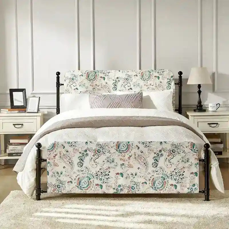 Diana Transitional 62 Floral Upholstered Platform Metal Bed Frame with Washable Slipcover by HULALA HOME