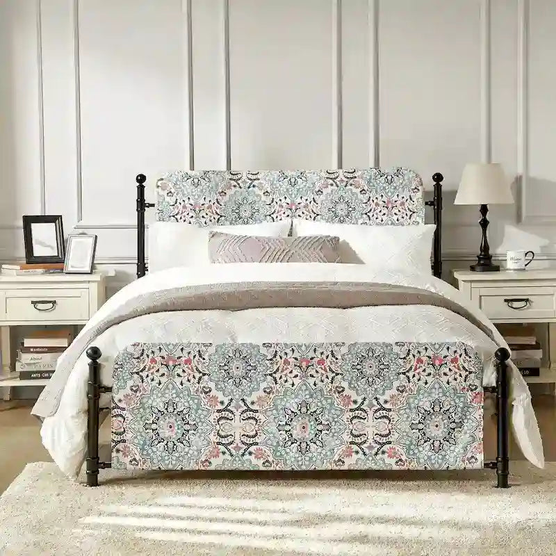 Diana Transitional 62 Floral Upholstered Platform Metal Bed Frame with Washable Slipcover by HULALA HOME