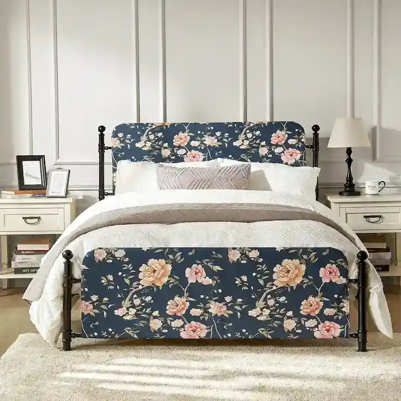 Diana Transitional 62 Floral Upholstered Platform Metal Bed Frame with Washable Slipcover by HULALA HOME