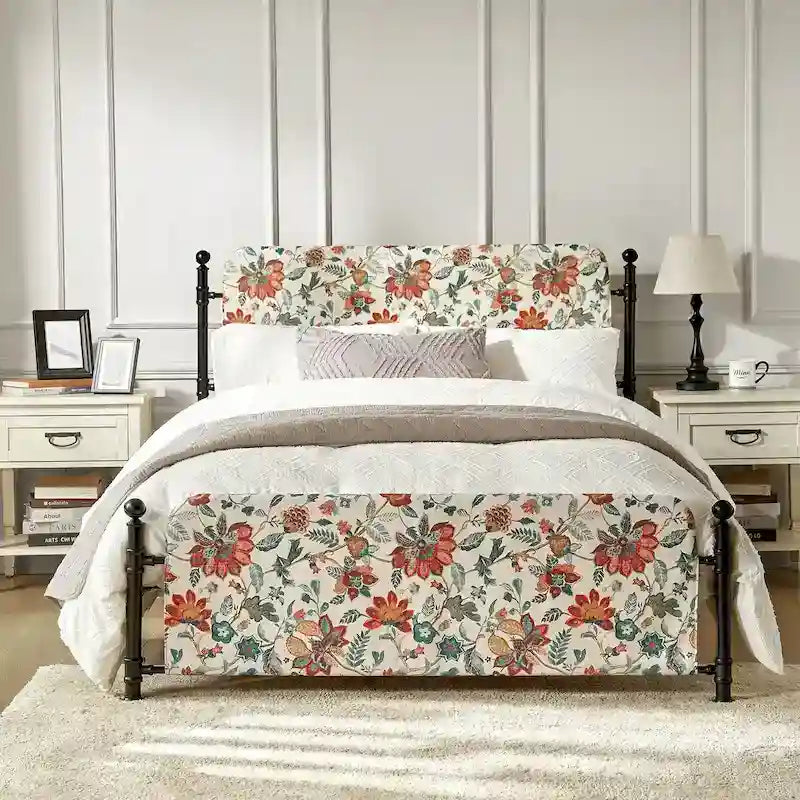 Diana Transitional 62 Floral Upholstered Platform Metal Bed Frame with Washable Slipcover by HULALA HOME