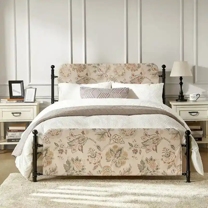 Diana Transitional 62 Floral Upholstered Platform Metal Bed Frame with Washable Slipcover by HULALA HOME