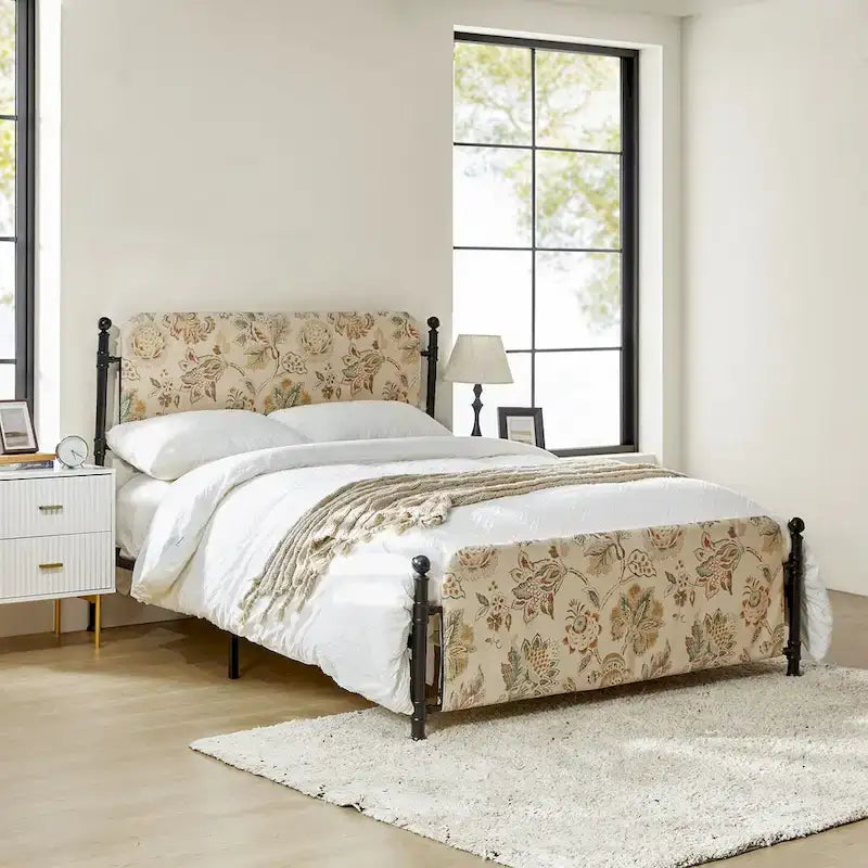 Diana Transitional 62 Floral Upholstered Platform Metal Bed Frame with Washable Slipcover by HULALA HOME