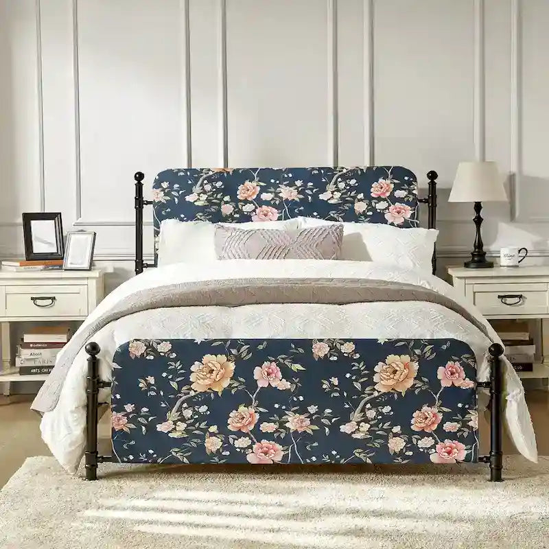 Diana Transitional 62 Floral Upholstered Platform Metal Bed Frame with Washable Slipcover by HULALA HOME